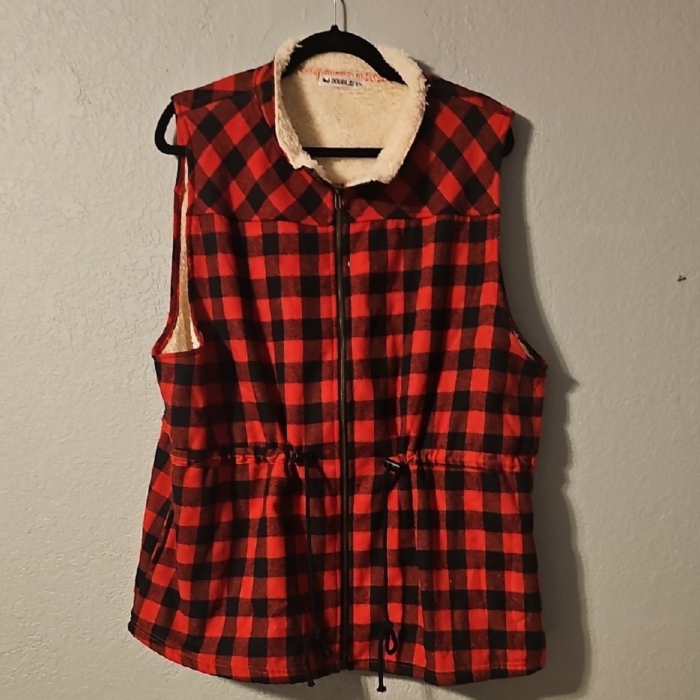 Doublju Red And Black Checkered Vest With Plush Lining
